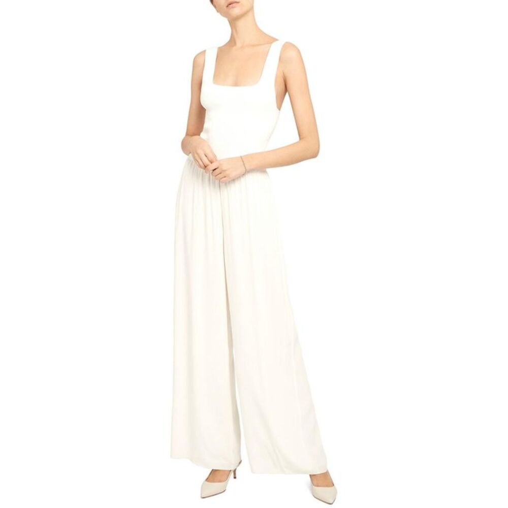 Theory Womens Ivory Ribbed Solid Stretch Romper Petites NWOT